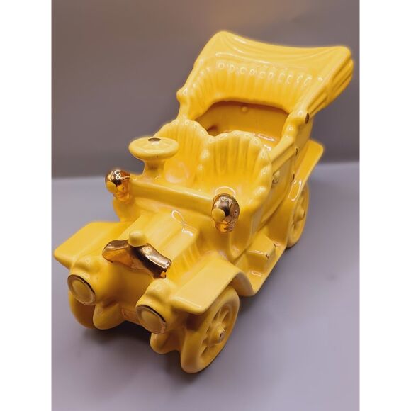 Oriole Brand Vintage Mustard Yellow with Gold Trim Convertible Car Planter - Picture 1 of 15